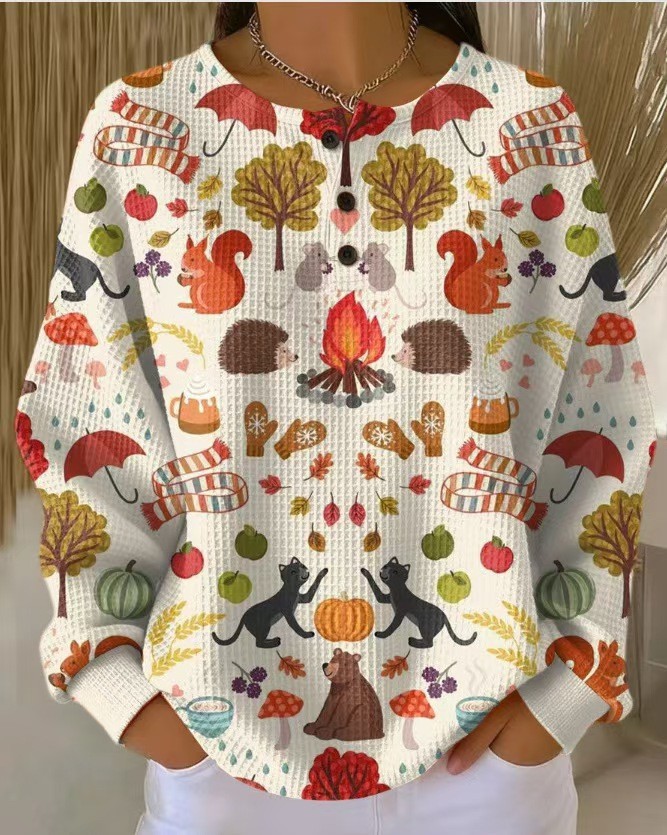 Women's 3D Printed Slim Fit Waffle Knit Stand Collar Long Sleeve Polo Shirt