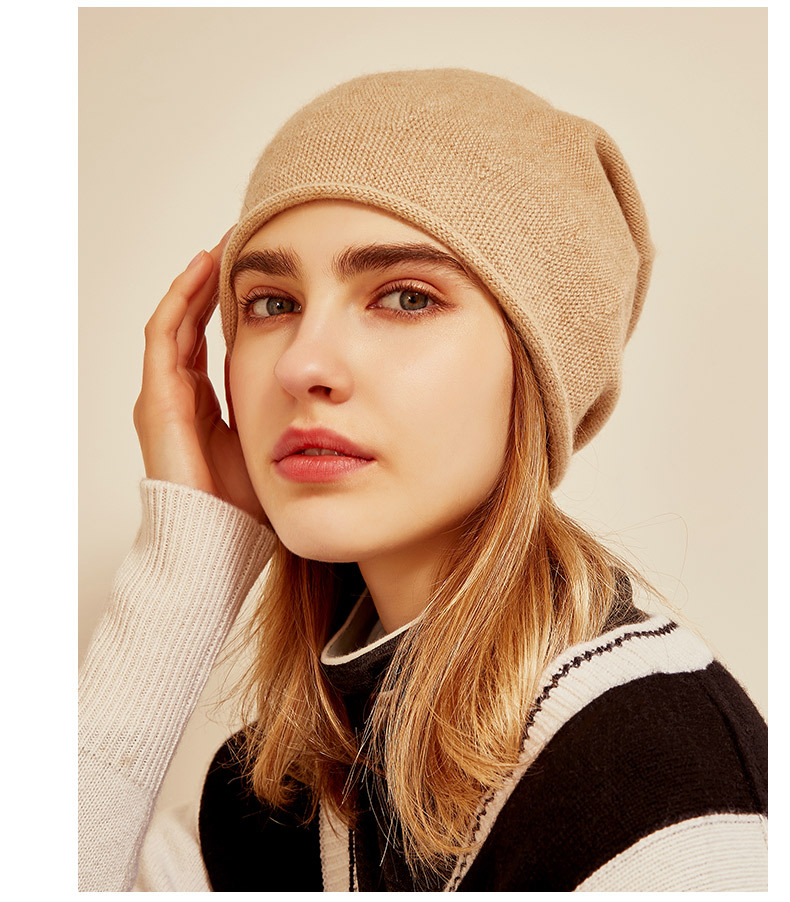Women's Cashmere Knit Beanie with Curled Brim, Warm Dome Winter Hat