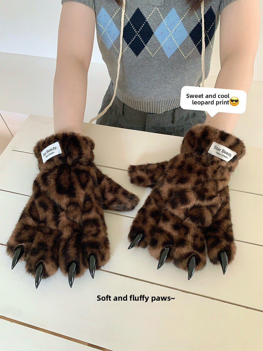 Unisex Leopard Print Plush Winter Gloves, Windproof Full Finger