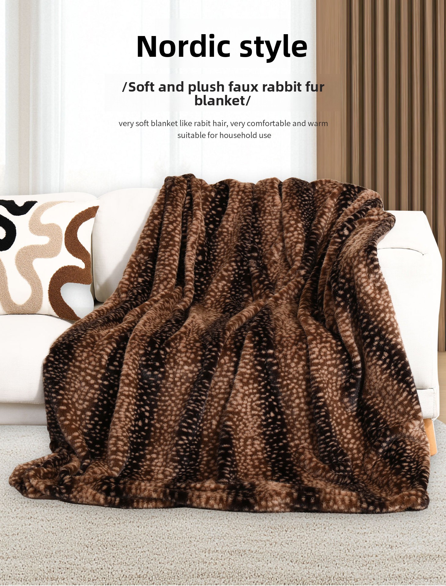 Mink Rabbit Fur Deer Pattern Double-Layer Plush Throw Blanket