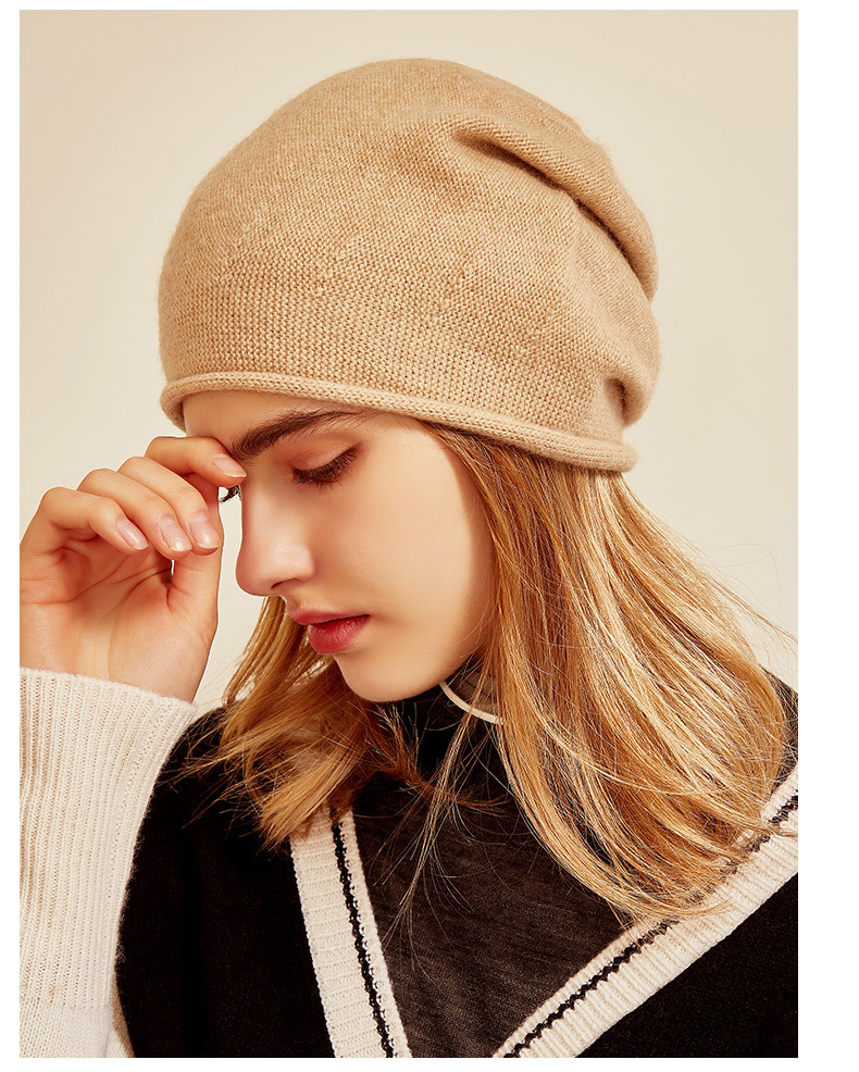 Women's Cashmere Knit Beanie with Curled Brim, Warm Dome Winter Hat