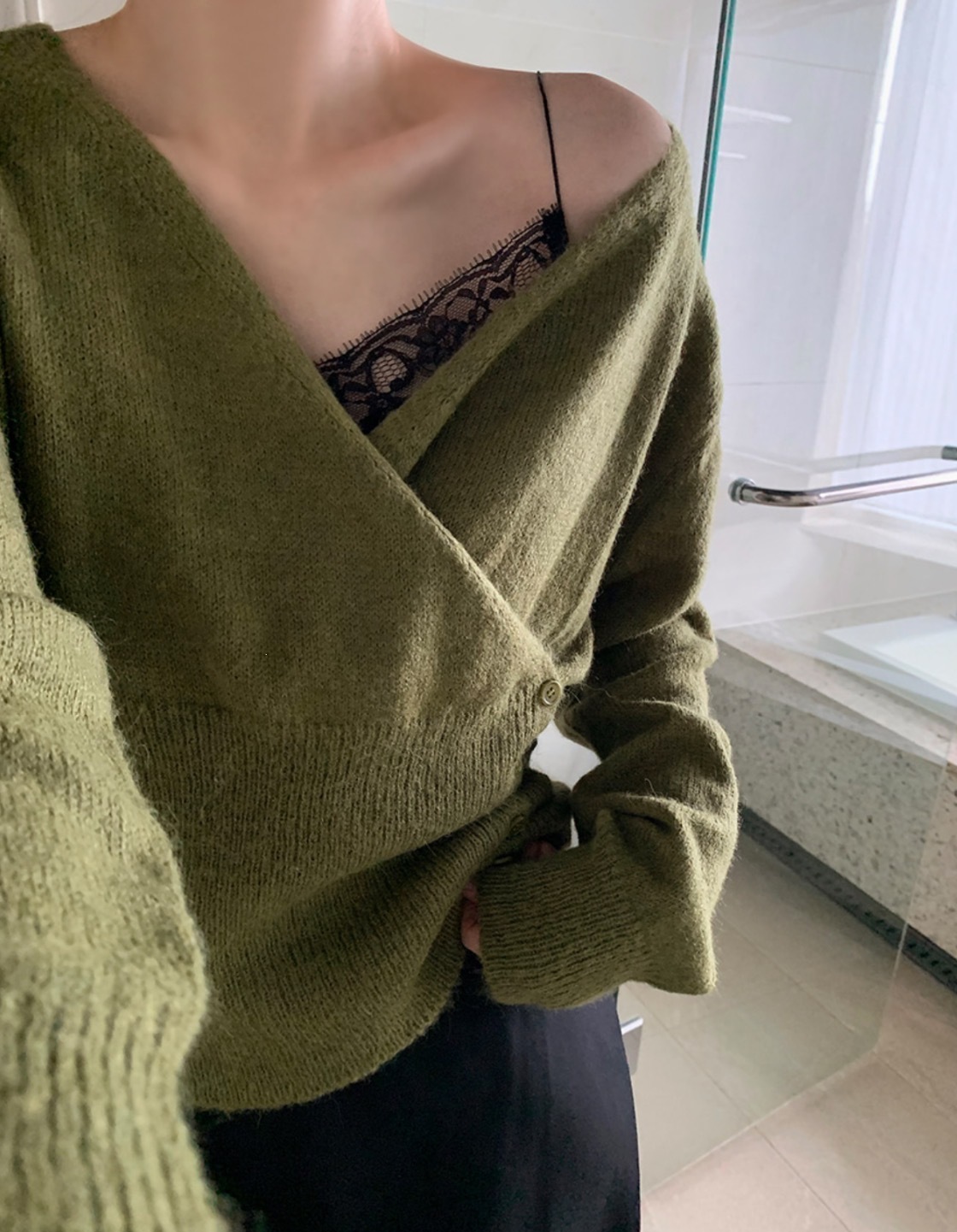 Korean Style V-Neck Diagonal Button Knit Sweater