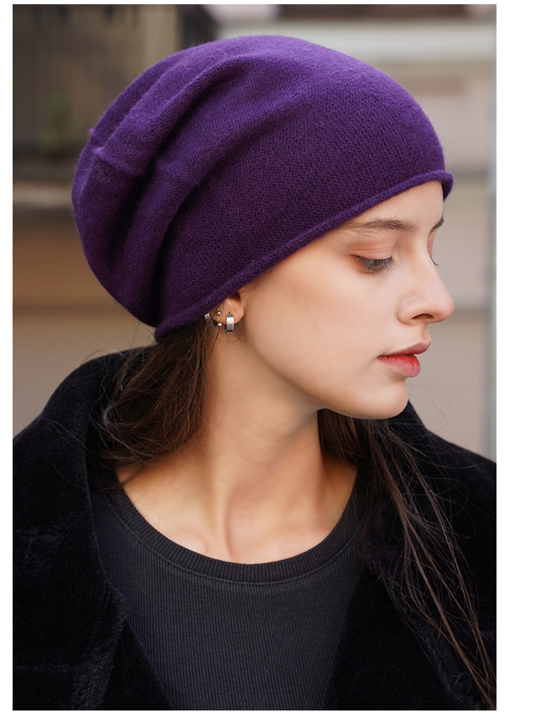 Women's Cashmere Knit Beanie with Curled Brim, Warm Dome Winter Hat