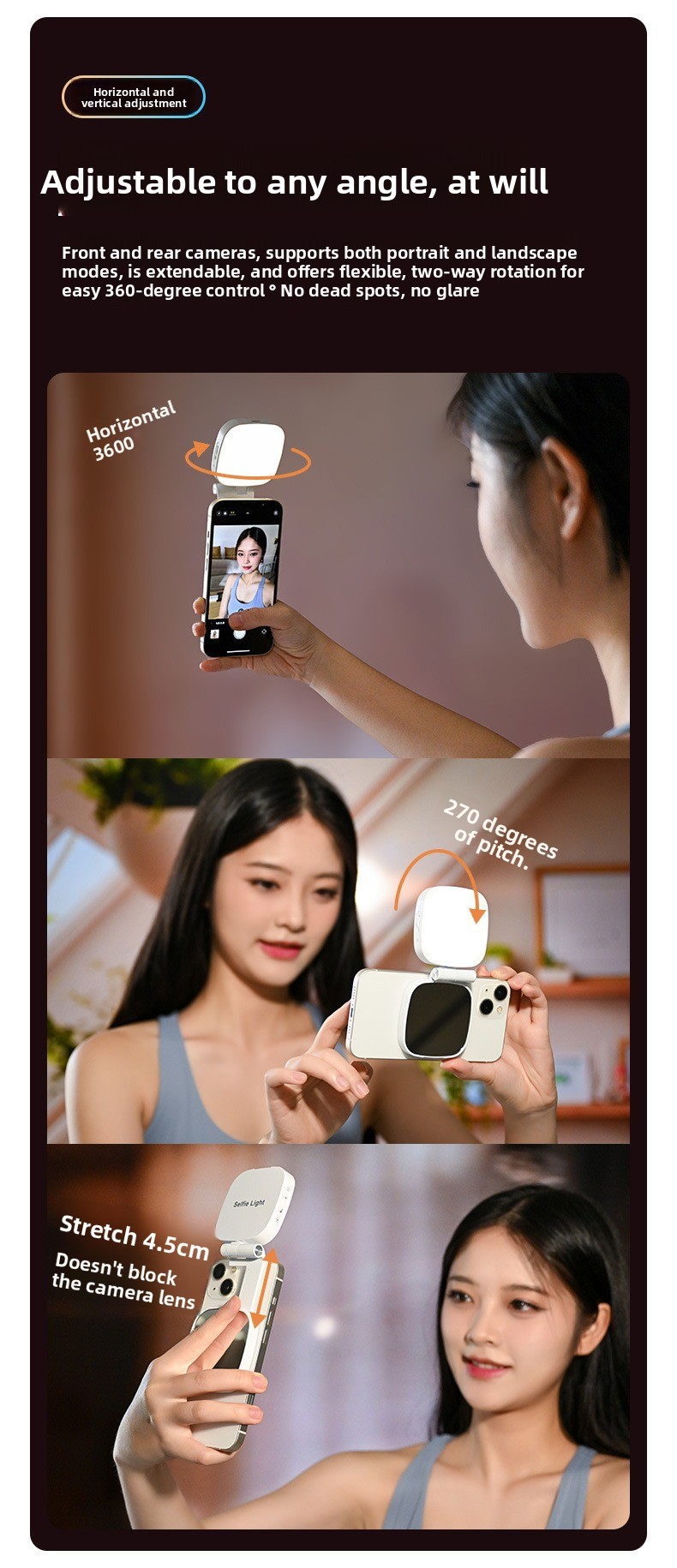 Mini Magnetic Selfie Light with Mirror, 3-Color Rechargeable Phone Fill Light