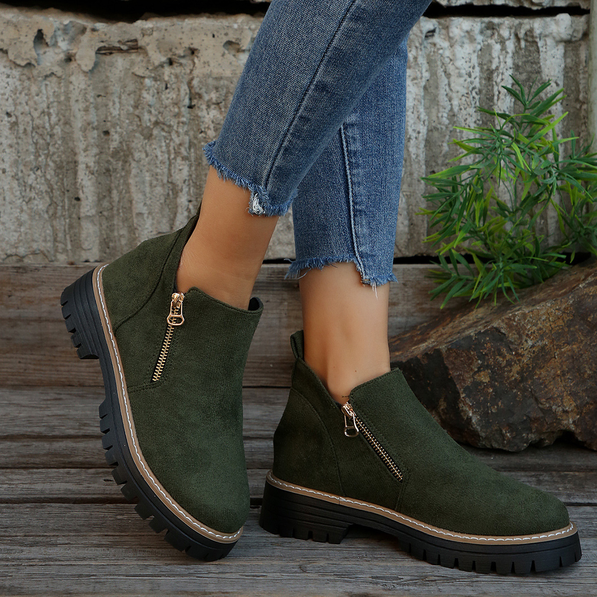Women's Round Toe Square Heel Short Boots, Snake and Two-Tone Styles