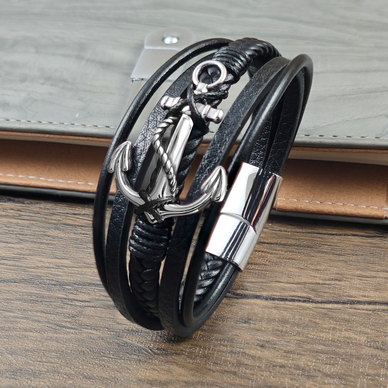 Men's Vintage Braided Leather Anchor Magnetic Bracelet