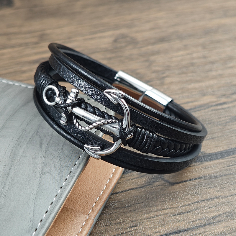 Men's Vintage Braided Leather Anchor Magnetic Bracelet