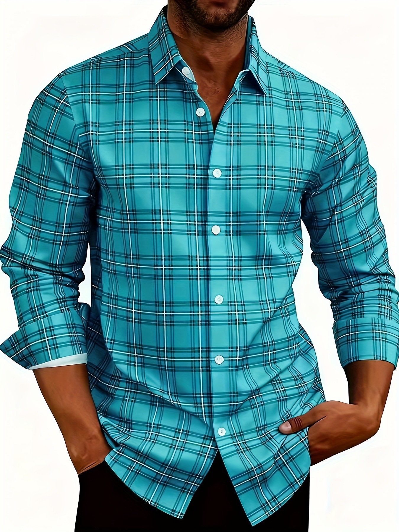Men's American Retro Plaid Long Sleeve Shirt Casual Lapel Fitted Cardigan