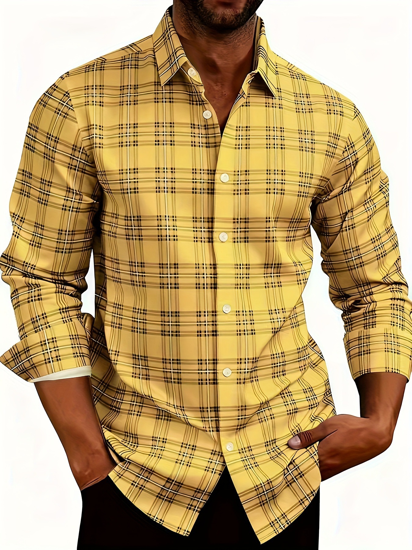 Men's American Retro Plaid Long Sleeve Shirt Casual Lapel Fitted Cardigan