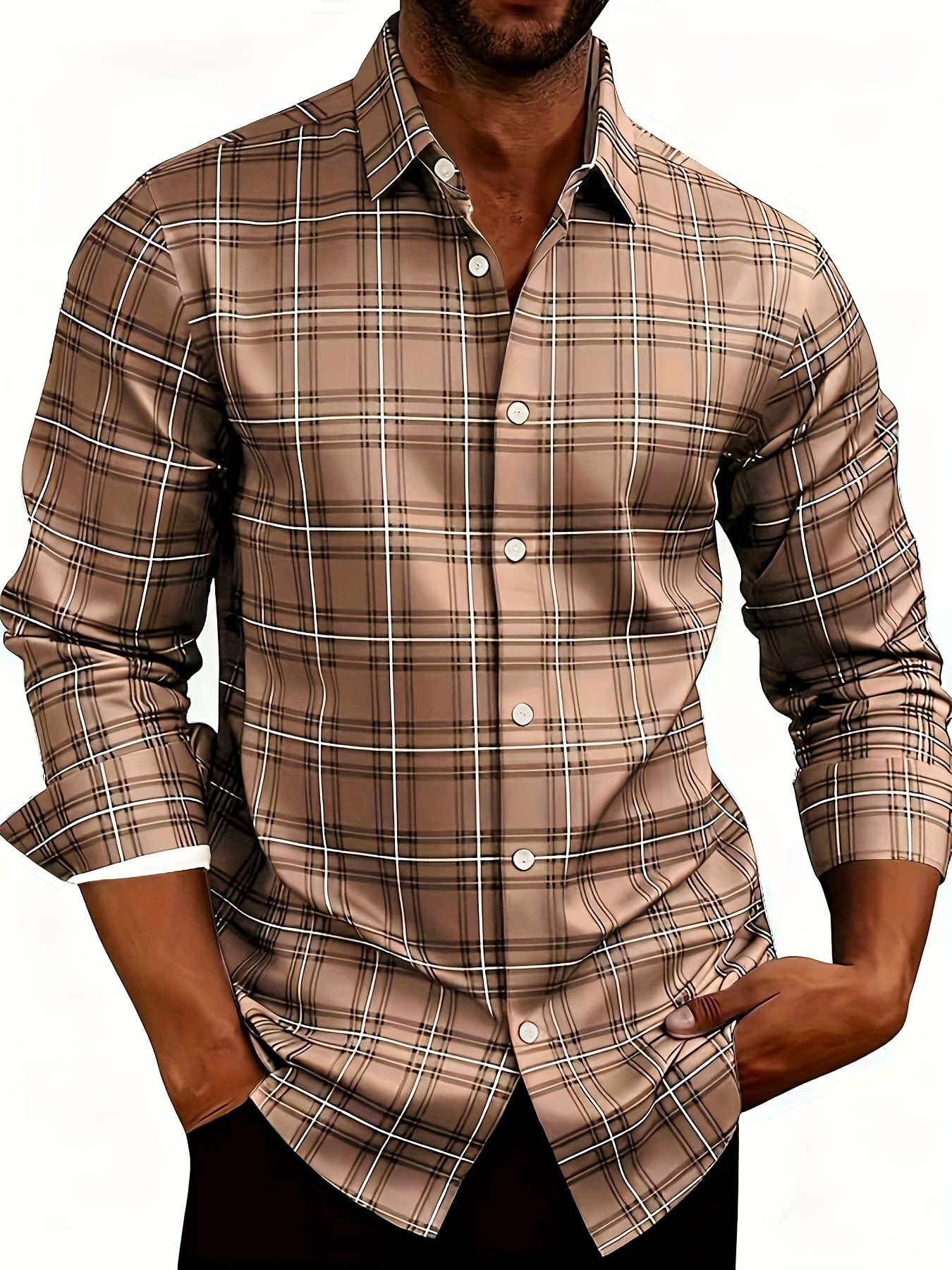 Men's American Retro Plaid Long Sleeve Shirt Casual Lapel Fitted Cardigan