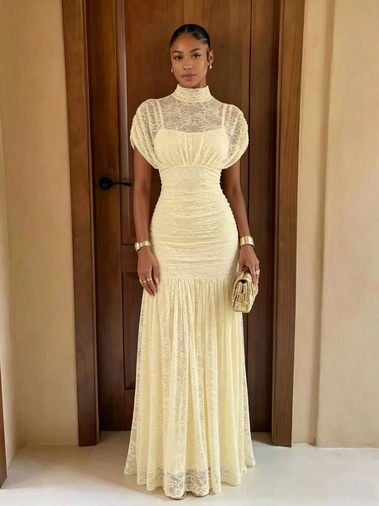 Women's Lace Fishtail Pleated Waist Evening Dress