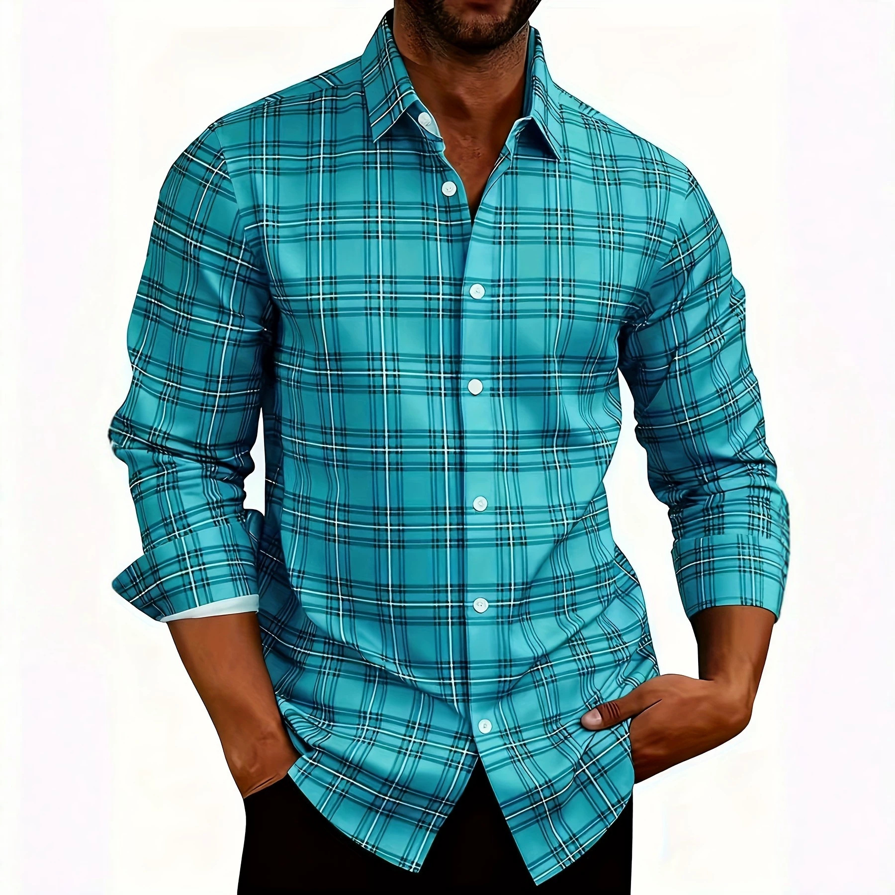 Men's American Retro Plaid Long Sleeve Shirt Casual Lapel Fitted Cardigan