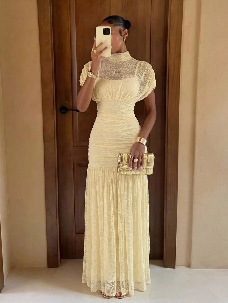 Women's Lace Fishtail Pleated Waist Evening Dress