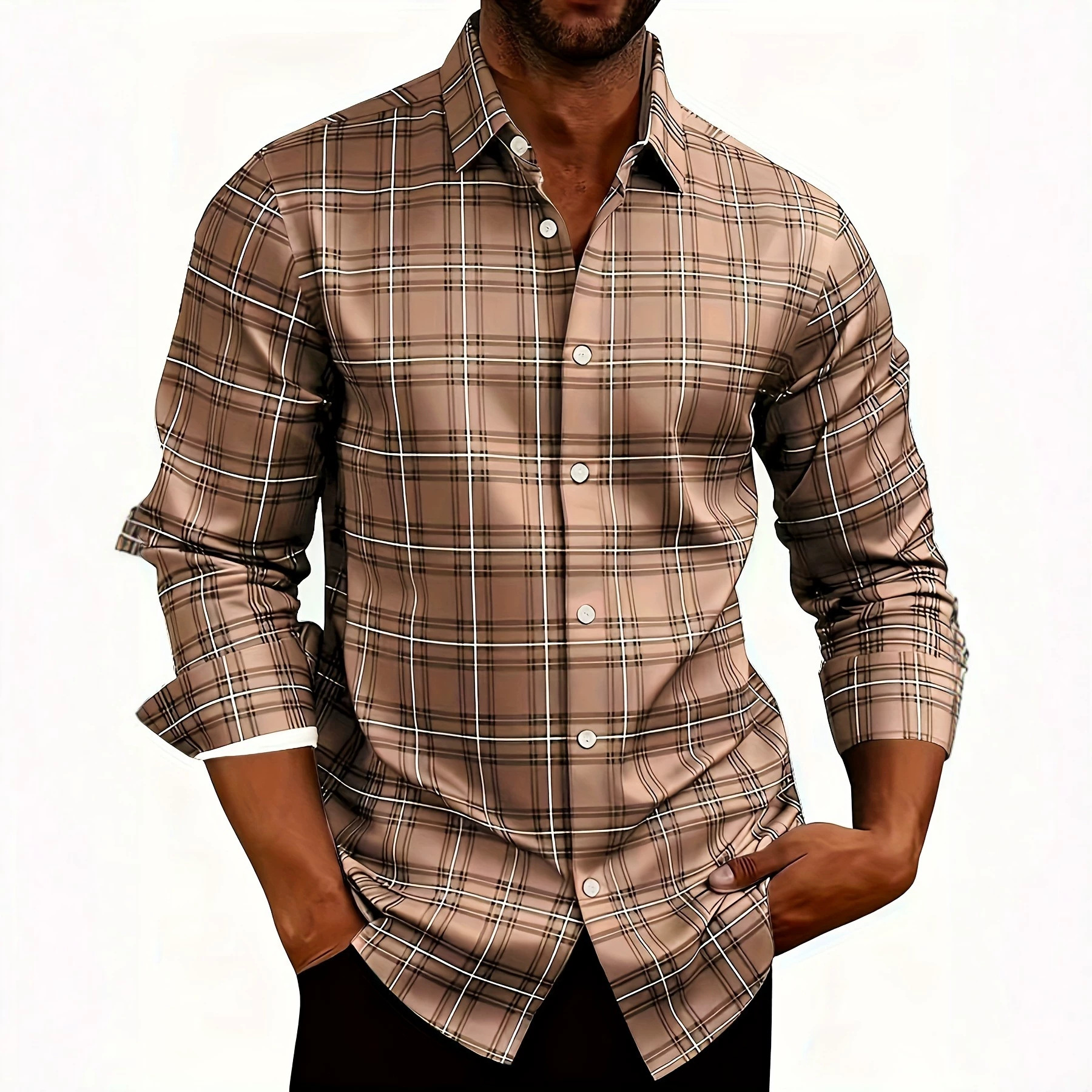 Men's American Retro Plaid Long Sleeve Shirt Casual Lapel Fitted Cardigan