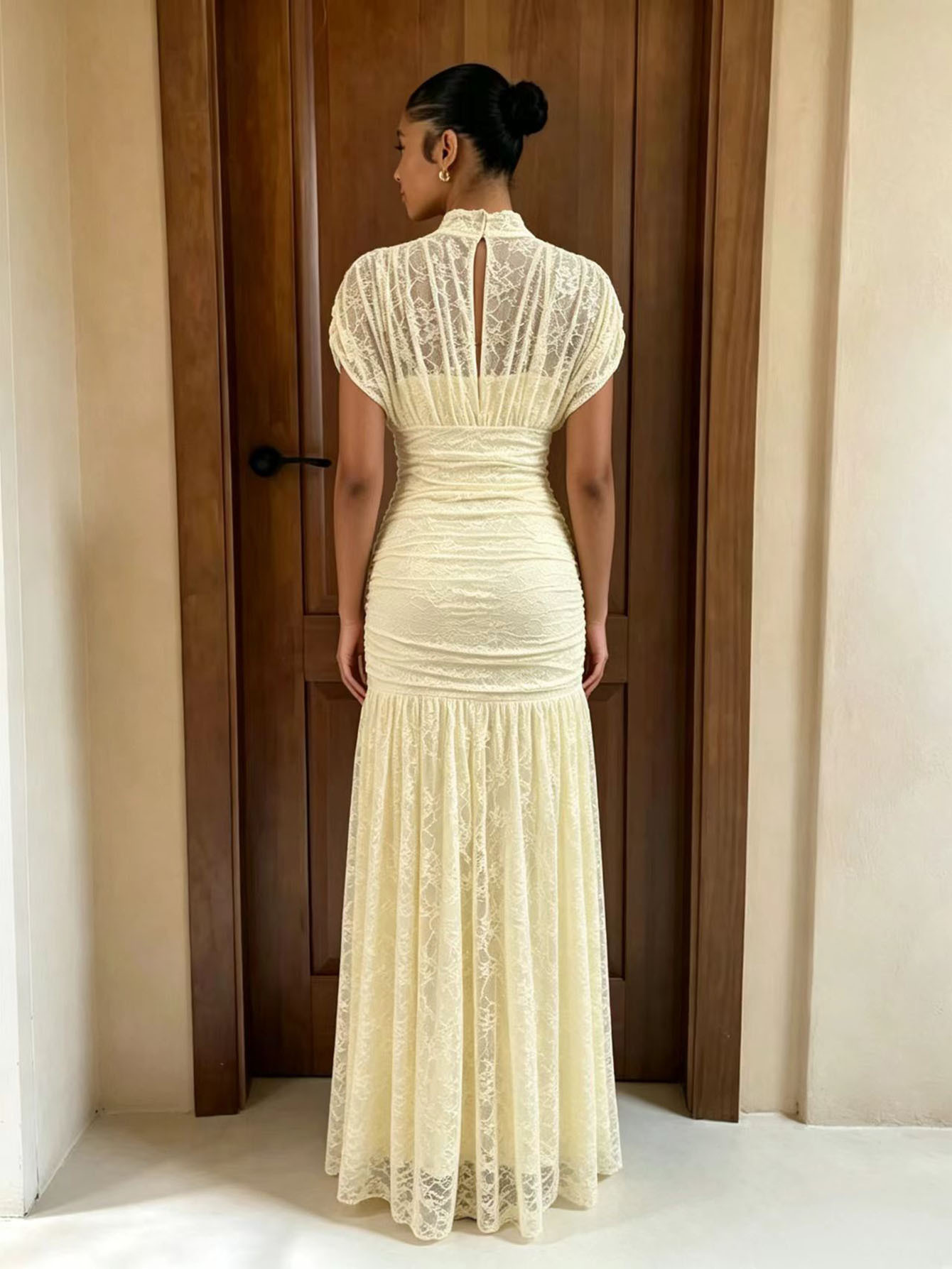 Women's Lace Fishtail Pleated Waist Evening Dress