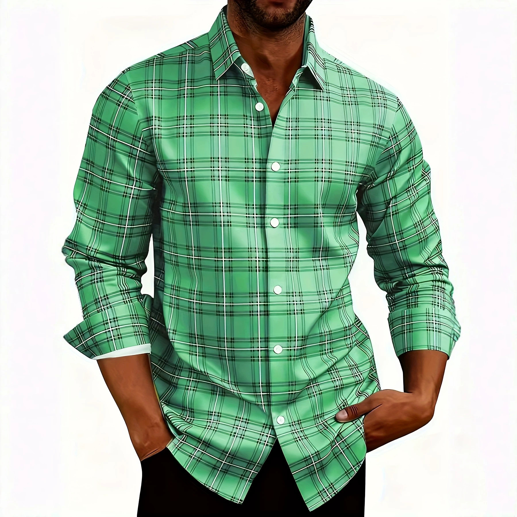 Men's American Retro Plaid Long Sleeve Shirt Casual Lapel Fitted Cardigan