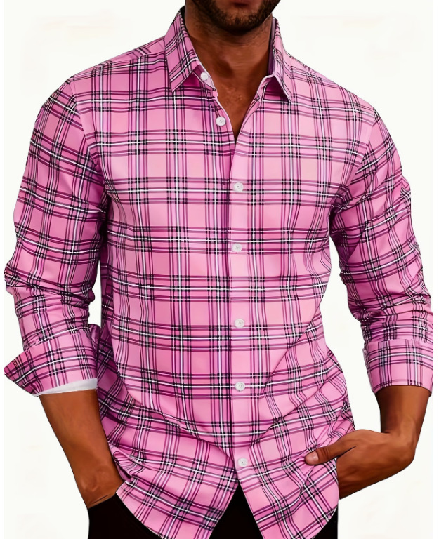 Men's American Retro Plaid Long Sleeve Shirt Casual Lapel Fitted Cardigan