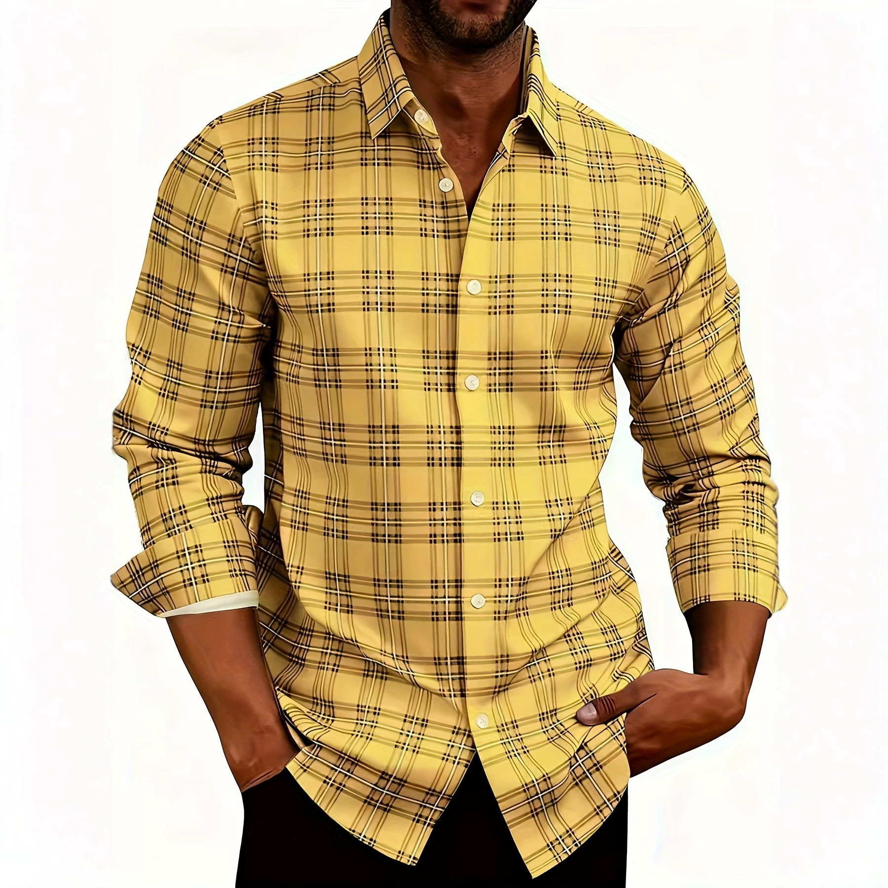 Men's American Retro Plaid Long Sleeve Shirt Casual Lapel Fitted Cardigan