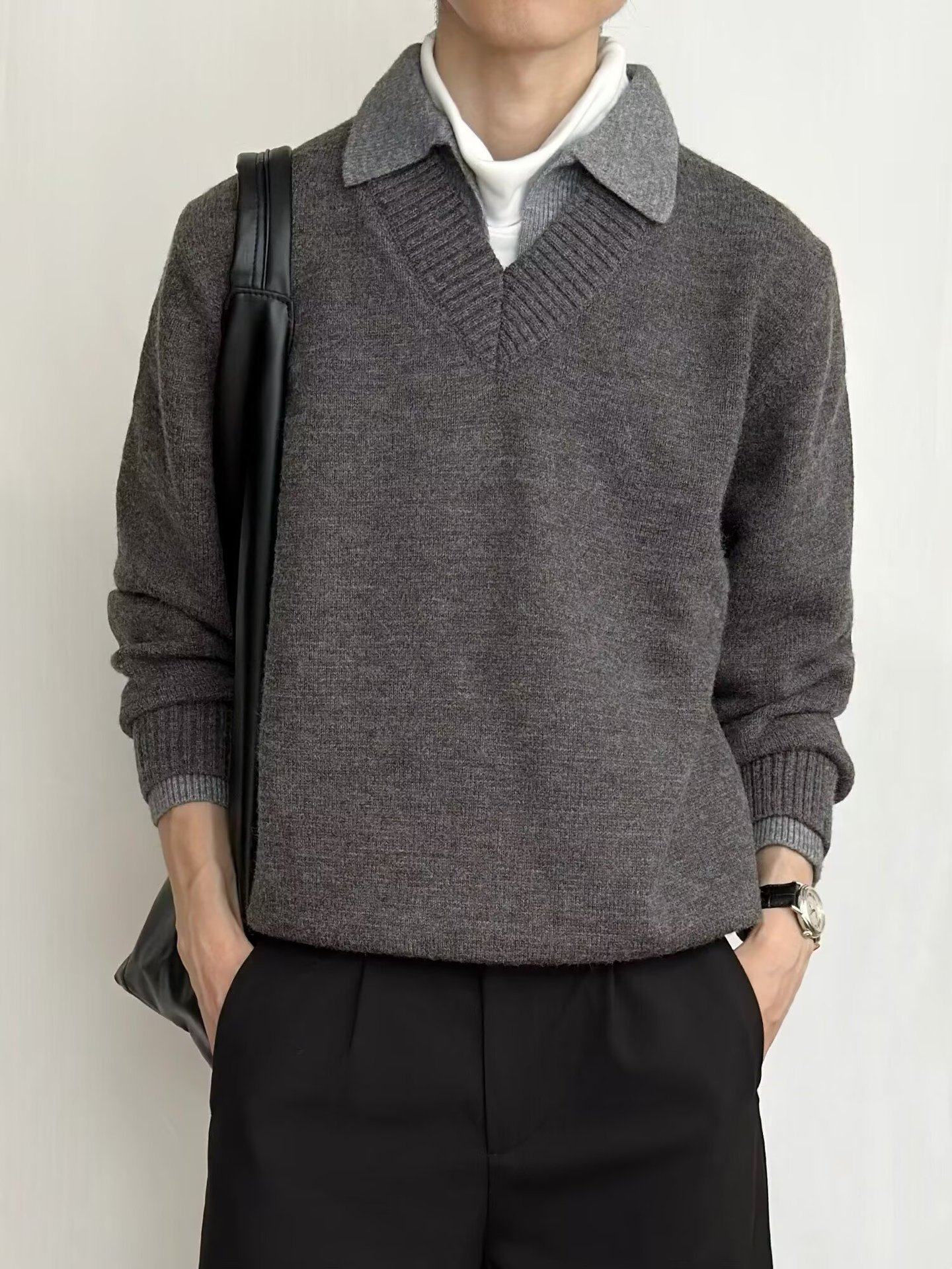 Men's V-Neck Fake Two-Piece Knitted Sweater Slim Fit Long Sleeve Pullover