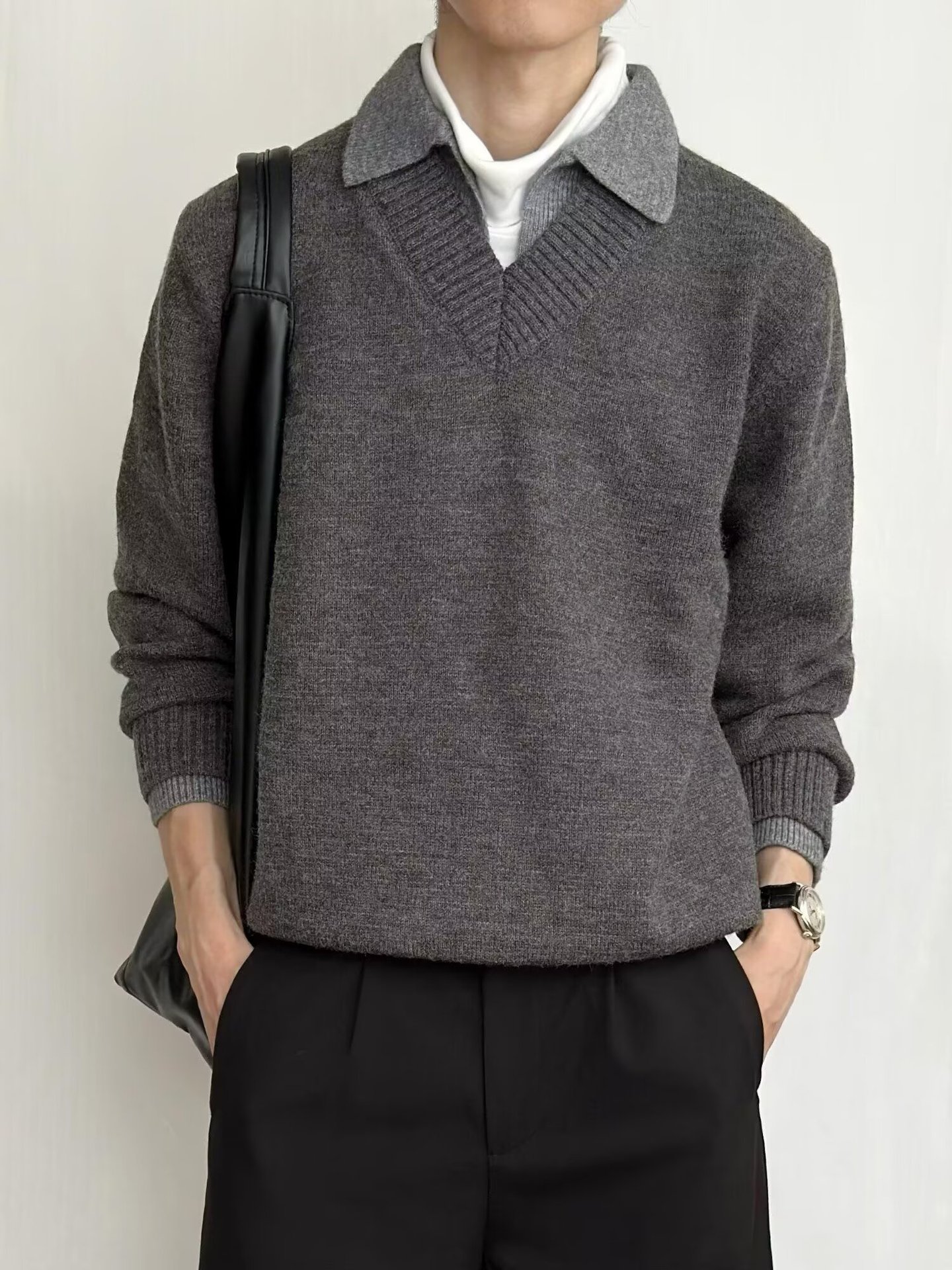 Men's V-Neck Fake Two-Piece Knitted Sweater Slim Fit Long Sleeve Pullover