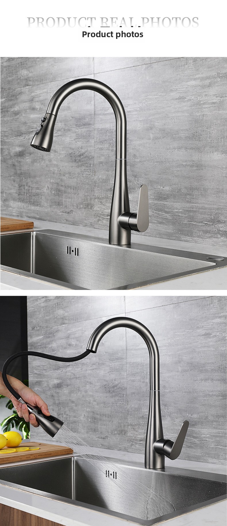 304 Stainless Steel Pull-Out Kitchen Sink Faucet with Universal Rotation Gunmetal Gray