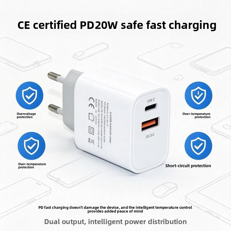 20W PD Dual Port USB-C USB-A QC3.0 Fast Charger EU Plug White