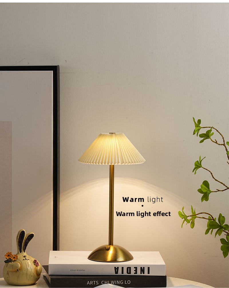 Bedroom Bedside Table Lamp, Pleated Ambiance Rechargeable Table Lamp