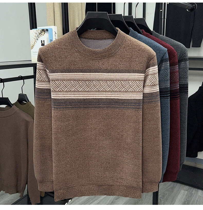 Men's Fleece Lined Striped Knit Sweater Crew Neck Long Sleeve Warm Pullover