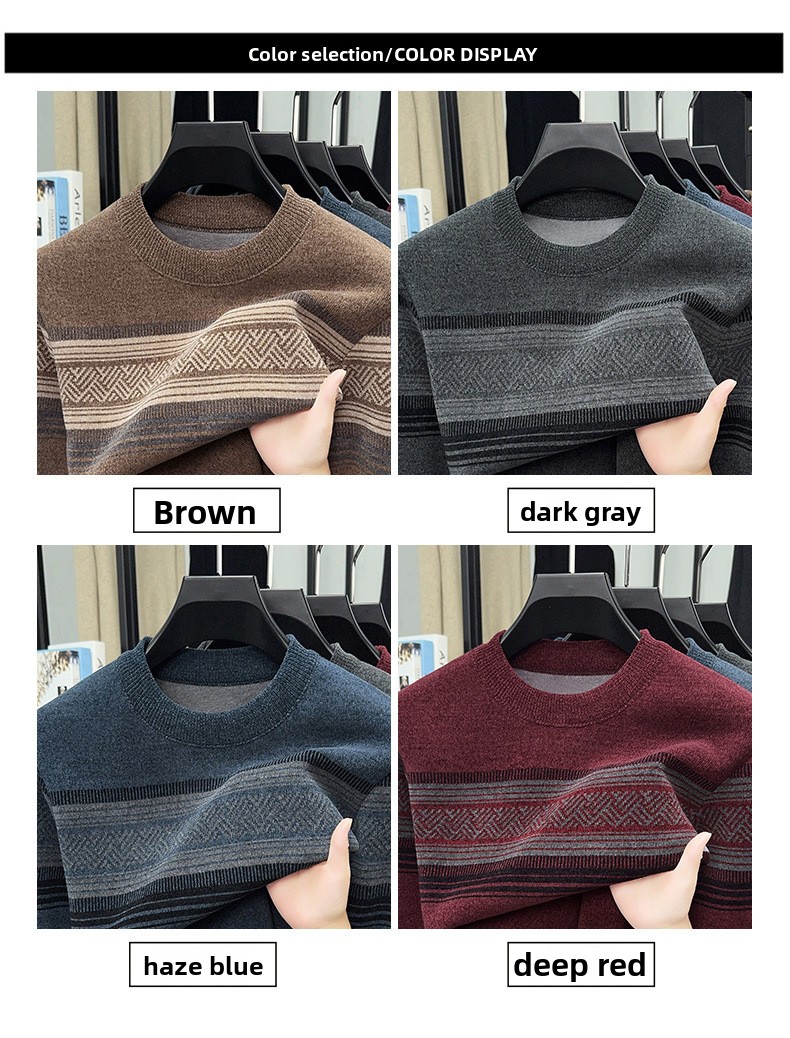 Men's Fleece Lined Striped Knit Sweater Crew Neck Long Sleeve Warm Pullover
