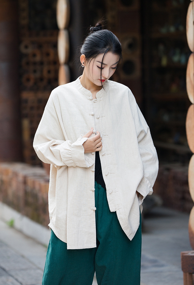 Women's Ramie Cotton Blend Sand-Washed Distressed Stand Collar Cardigan Jacket