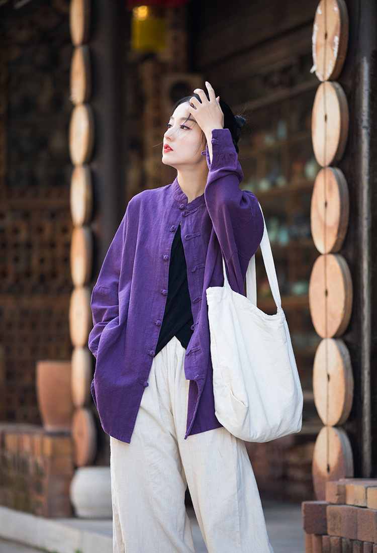 Women's Ramie Cotton Blend Sand-Washed Distressed Stand Collar Cardigan Jacket