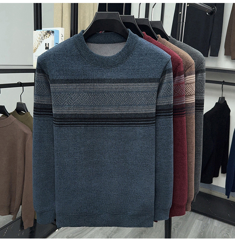 Men's Fleece Lined Striped Knit Sweater Crew Neck Long Sleeve Warm Pullover