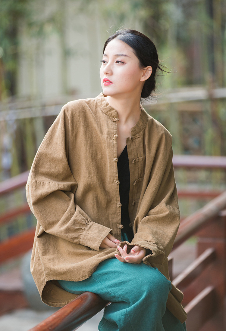 Women's Ramie Cotton Blend Sand-Washed Distressed Stand Collar Cardigan Jacket