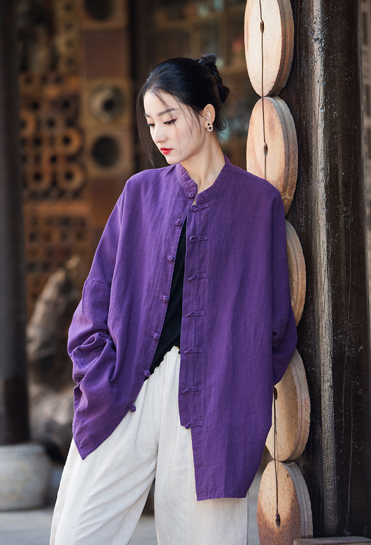 Women's Ramie Cotton Blend Sand-Washed Distressed Stand Collar Cardigan Jacket
