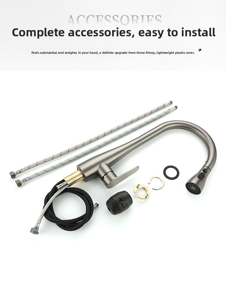 304 Stainless Steel Pull-Out Kitchen Sink Faucet with Universal Rotation Gunmetal Gray