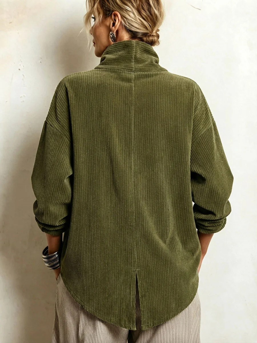 retro French-style, relaxed fit, loose high-neck, asymmetrical corduroy top