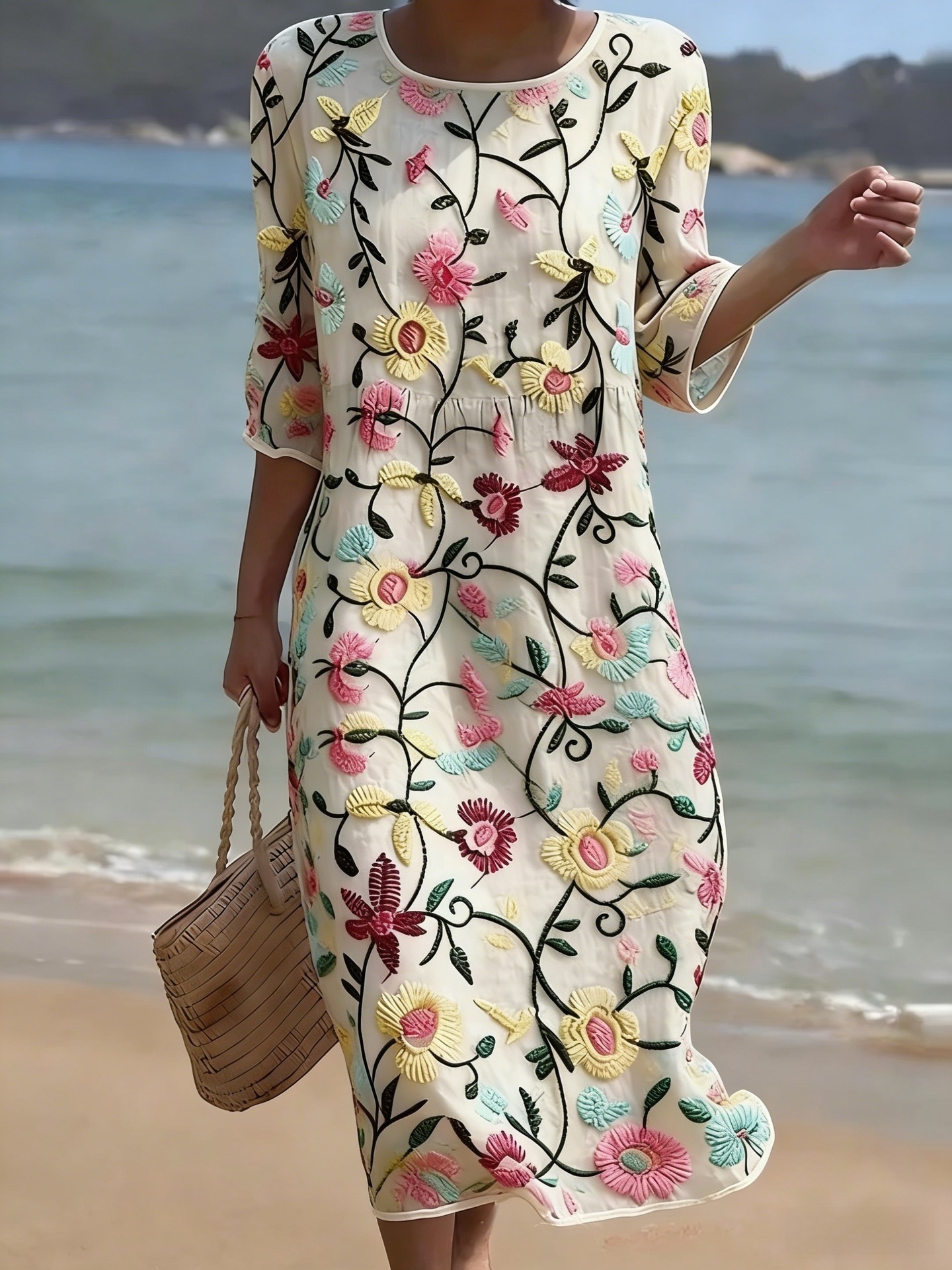 Women's floral print long-sleeved round-neck dress