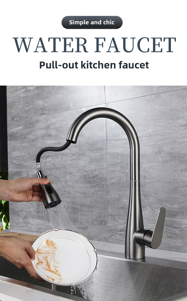 304 Stainless Steel Pull-Out Kitchen Sink Faucet with Universal Rotation Gunmetal Gray