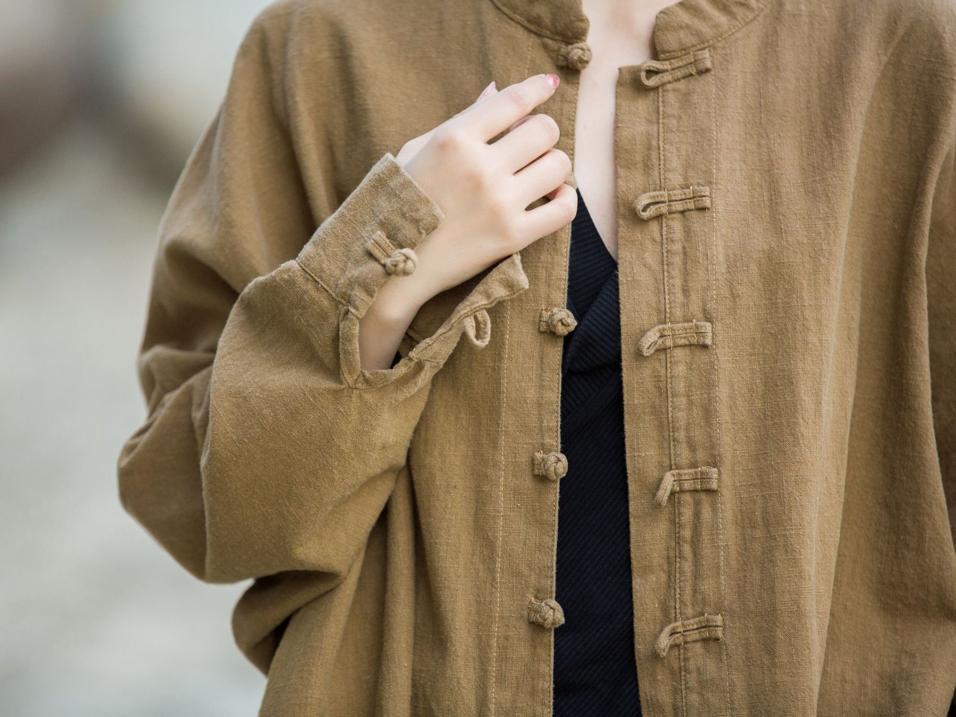 Women's Ramie Cotton Blend Sand-Washed Distressed Stand Collar Cardigan Jacket