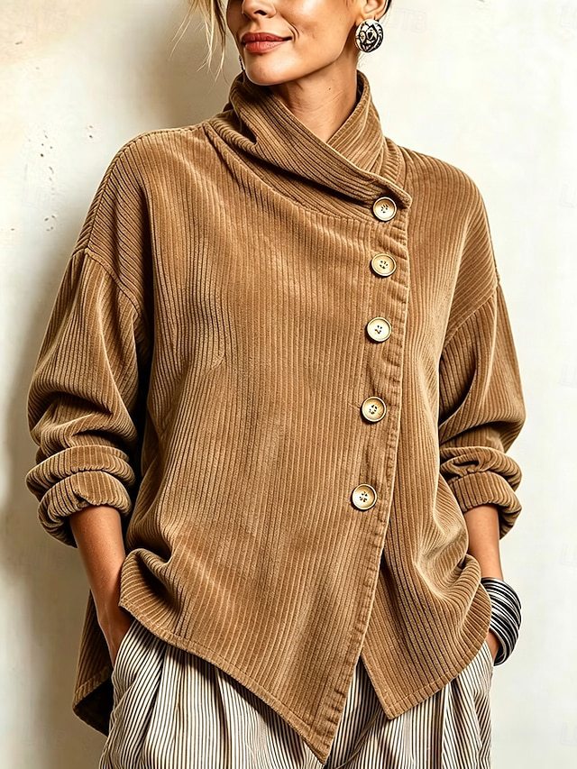 retro French-style, relaxed fit, loose high-neck, asymmetrical corduroy top