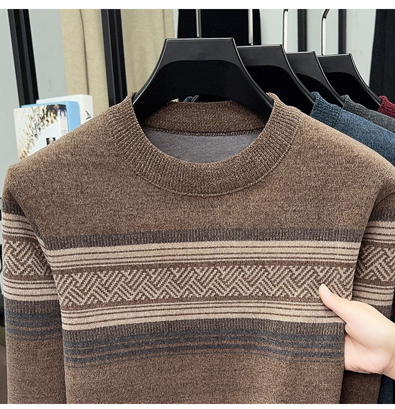 Men's Fleece Lined Striped Knit Sweater Crew Neck Long Sleeve Warm Pullover