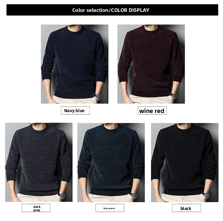 Mens Fleece Lined Chenille Pullover Round Neck Long Sleeve Winter Warm Sweater
