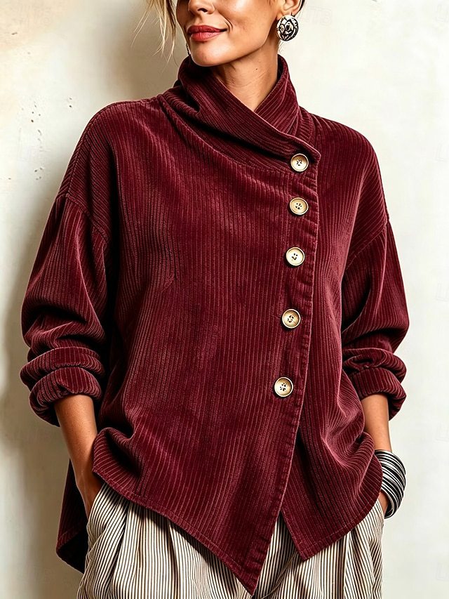 retro French-style, relaxed fit, loose high-neck, asymmetrical corduroy top