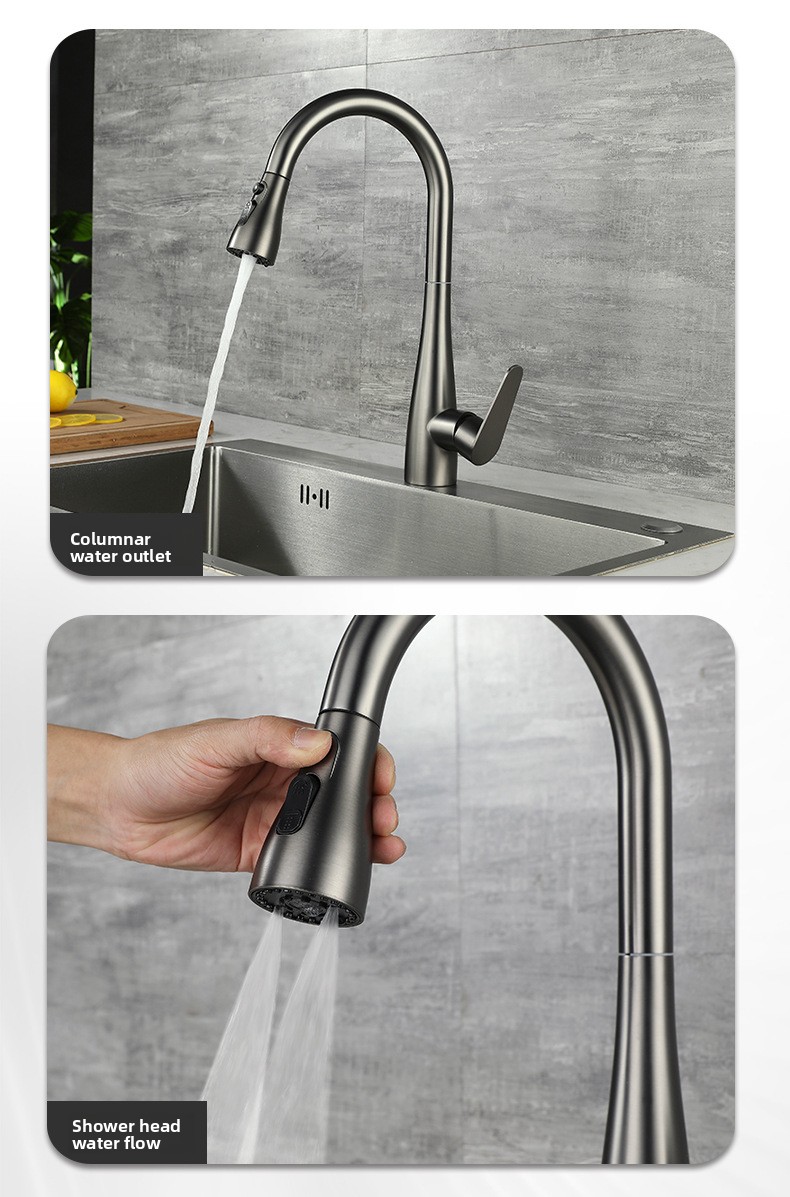 304 Stainless Steel Pull-Out Kitchen Sink Faucet with Universal Rotation Gunmetal Gray