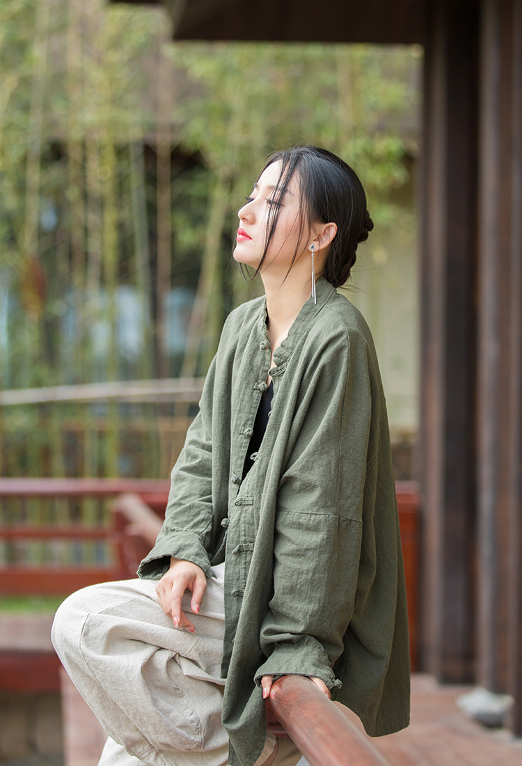 Women's Ramie Cotton Blend Sand-Washed Distressed Stand Collar Cardigan Jacket