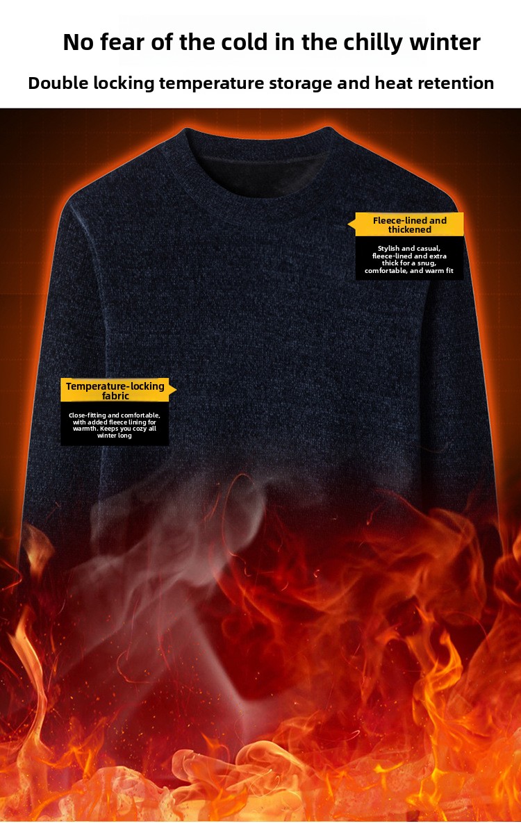 Mens Fleece Lined Chenille Pullover Round Neck Long Sleeve Winter Warm Sweater