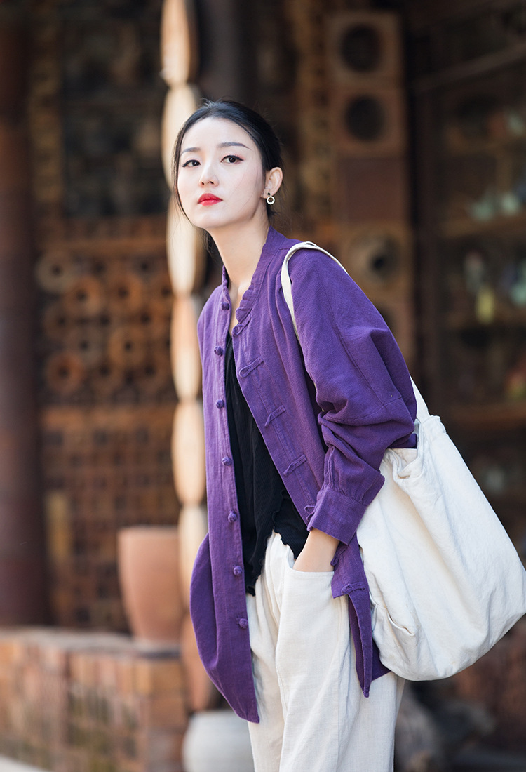 Women's Ramie Cotton Blend Sand-Washed Distressed Stand Collar Cardigan Jacket