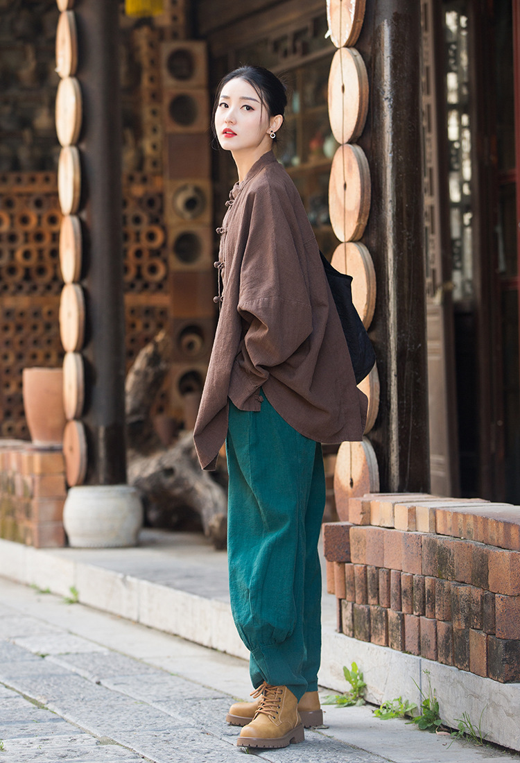 Women's Ramie Cotton Blend Sand-Washed Distressed Stand Collar Cardigan Jacket