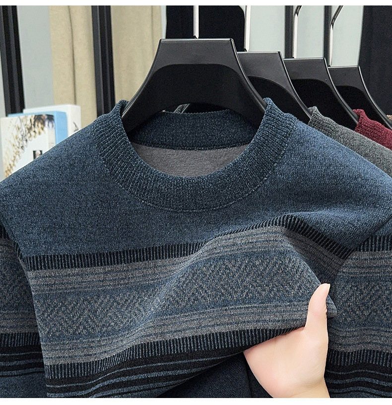 Men's Fleece Lined Striped Knit Sweater Crew Neck Long Sleeve Warm Pullover