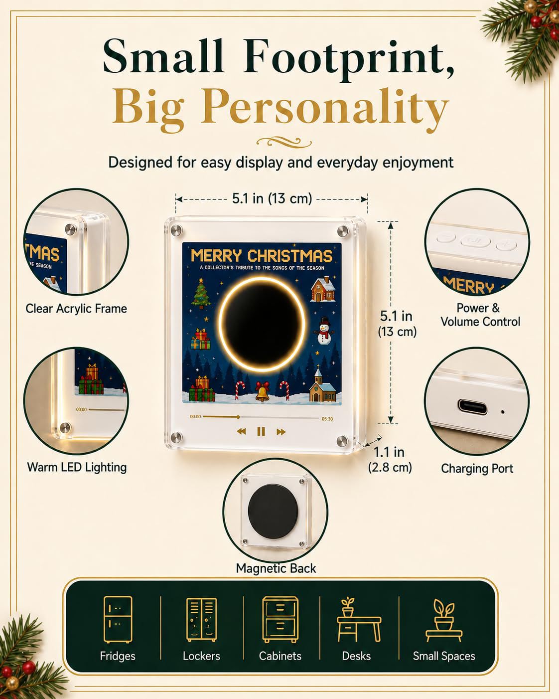 Christmas Musical Fridge Magnet Light-Up Rotating NFC Record Player Set